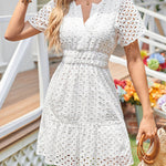 A-Line Loose Elasticity Hollow Pleated Solid Color Split-Joint V-Neck Mini Dresses