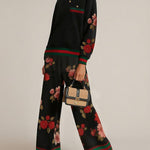 High Waisted Wide Leg Contrast Color Flower Print Split-Joint Pants Trousers