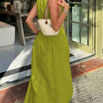 A-Line Loose Pleated Pockets Split-Joint Zipper Round-Neck Maxi Dresses