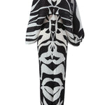 Original Batwing Sleeves Long Sleeves Contrast Color Printed Pleated V-Neck Midi Dresses