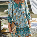 A-Line Loose Contrast Color Flower Print Pleated V-Neck Mini Dresses