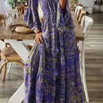 V-Neck Loose Peris Print Vacation Long Sleeve Maxi Dress
