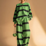 Casual Sports Green And Black Striped Sweatshirt And Pants Set