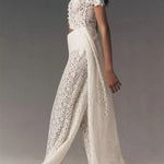 Elegance Avant-garde Floral Lace Short Sleeve High Low Top and High Rise Wide Leg Pants Set