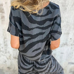 Zebra Print V-neck Short-sleeved Lace-up Top and Elastic Waist Pocket Straight-leg Pants Set