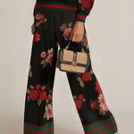 High Waisted Wide Leg Contrast Color Flower Print Split-Joint Pants Trousers