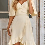 Flared Sleeves Half Sleeves Elasticity Ruffled Solid Color Split-Joint Tied Waist V-Neck Mini Dresses