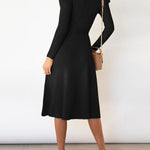 High Waisted Long Sleeves Solid Color Tied Waist Round-Neck Midi Dresses Sweater Dresses