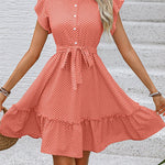 A-Line Loose Buttoned Pleated Polka-Dot Tied Waist Round-Neck Mini Dresses