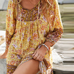 A-Line Loose Contrast Color Flower Print Pleated V-Neck Mini Dresses