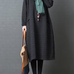 Loose Solid Color Split-Joint With Pocket Round-Neck Long Sleeves Midi Dress