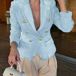 Casual Gold Tone Button Double Breasted Lapel Collar Tailored Denim Blazer