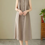 A-Line Sleeveless Buttoned Pleated Solid Color Round-Neck Midi Dresses