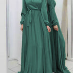 Long Sleeves Loose Pleated Solid Color Tied Waist Maxi Dresses