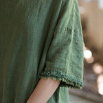 Half Sleeves High-low Fringed Solid Color Split-Joint Split-side Round-neck Midi Dresses