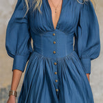 Stylish Blue Denim V-neck Button-down  With Flared Hem Maxi Dress