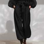 Women's Black Chiffon Crinkled  Set With Off-the-Shoulder Neckline & Ruffled Trim, Timeless Romantic-Edgy Style Set