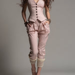 Casual Vest & Cropped Carrot Pants Set With Lace Trim