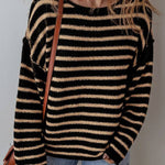 Black Stripe Drop Shoulder Round Neck Loose Sweater