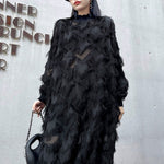 Irregularity Long Sleeves Asymmetric Mesh Pockets See-Through Solid Color Split-Joint Tasseled Stand Collar Midi Dresses