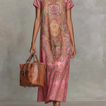 Loose Short Sleeves Contrast Color Flower Print Mock Neck Maxi Dresses