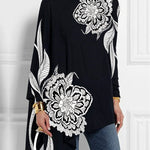 Batwing Sleeves Loose Asymmetric Floral Printed Split-Joint High Neck T-Shirts