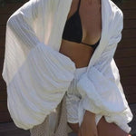Solid Color Loose Long-sleeved Tie-front Top and Elastic Waist Casual Shorts Set