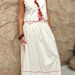 Sunny Day Linen Blend Contrast Embroidered Print Scallop Trim Lace-up Top
