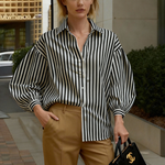 Long Sleeves Loose Buttoned Contrast Color Split-Joint Striped Lapel Blouses&Shirts Tops