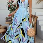 A-Line High Waisted Bowknot Contrast Color Pleated Printed Split-Joint Zipper V-Neck Maxi Dresses