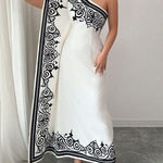 Batwing Sleeves Loose Asymmetric Elasticity Flower Print Pleated One-Shoulder Maxi Dresses