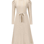 High Waisted Long Sleeves Solid Color Tied Waist Round-Neck Midi Dresses Sweater Dresses