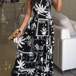 Botanical Print Suspender Tie Back Pleated Holiday Maxi Dress