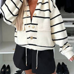 Fashion and Comfort Knit Striped Button Up Pocketed Loose Hooded Cardigan