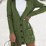 Green Front Pocket and Buttons Closure Cardigan