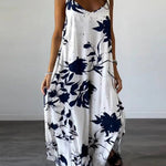 Loose Plus Size Floral Printed Split-Joint Spaghetti-Neck Maxi Dresses