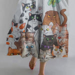 Women's Cute Cat Short Sleeve Linen Blend Midi Dress