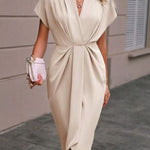 High-Low Loose Knot Pleated Solid Color Split-Front V-Neck Midi Dresses