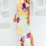 Asymmetric Shoulder Waisted Tie Dye Slit Maxi Dress