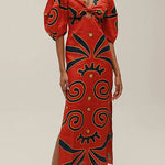 Margovil Knot Front Cut Out Puff Sleeves Side Slit Printed Midi Dress