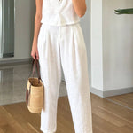 Casual Solid Lapel Vest & Pants Cotton Linen Two-piece Set