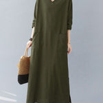 A-Line Long Sleeves Pockets Solid Color Split-Side V-Neck Maxi Dresses