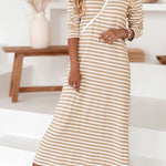Khaki Casual Striped V-neck Long Sleeve Dress