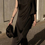 Kallena Satin High Neck Irregular Sleeves Midi Top and High Rise Pocket Loose Pants Set