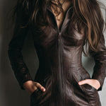Chic Chocolate Brown Leather Zip-Up Fitted Mini Dress