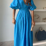 Elegant V Neck High Waist Ruched Swing Maxi Dress
