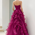 Strapless Magenta Ruffled Ball Gown