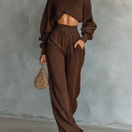 Women's Coffee-colored Short Top And Wide-leg Pants Knitted Set