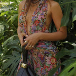 Halter V Neck Open Back Floral Print Maxi Dress