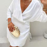Wrap V Neck Side Drawstring Satin Mini Dress